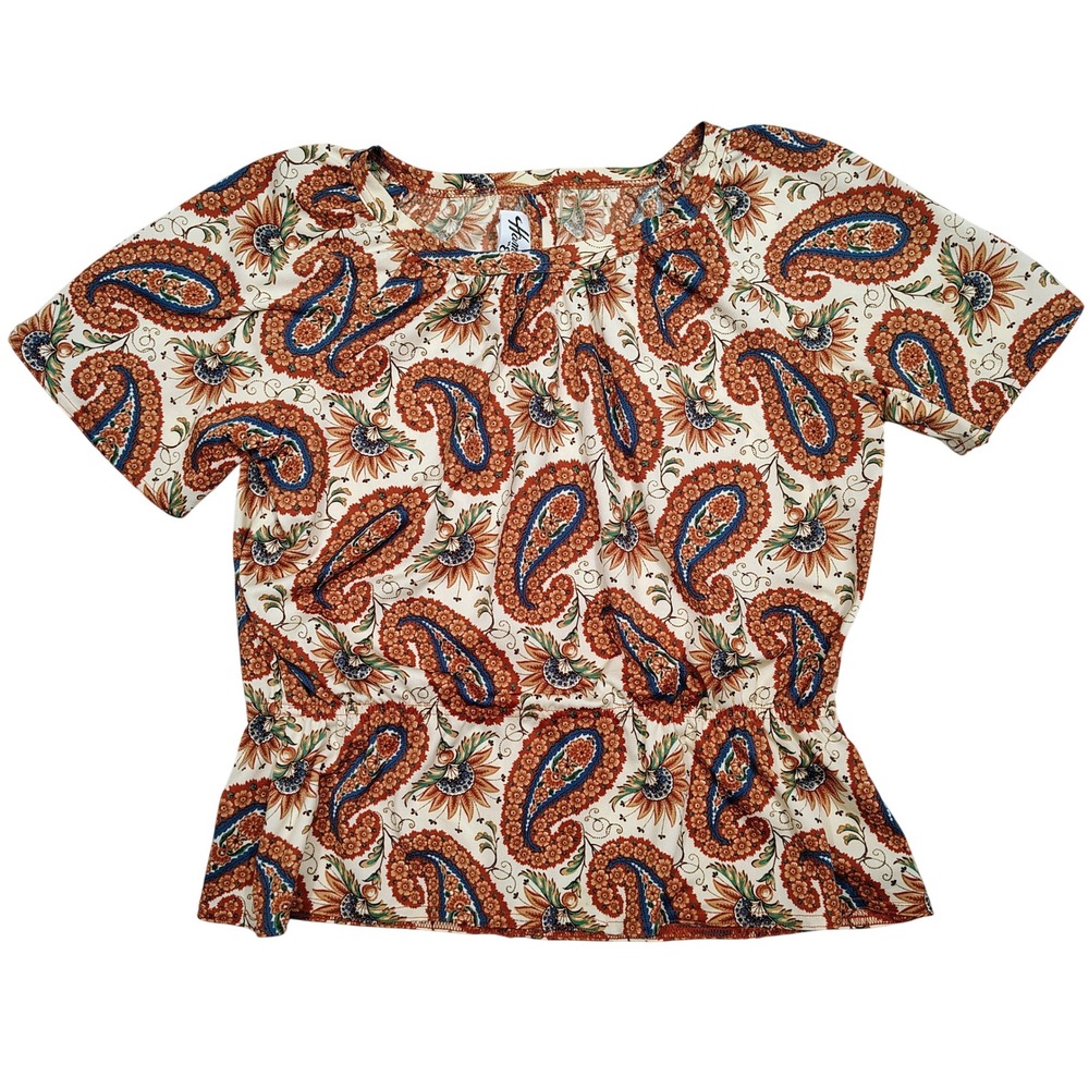 RARE VTG Hamilton Blouse Women 10 D Multi Paisley Peplum Short Sleeve Polyester